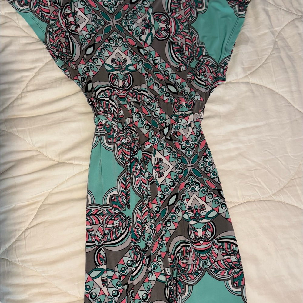 Jennifer Lopez Teal and Pink Geometric Maxi Dress